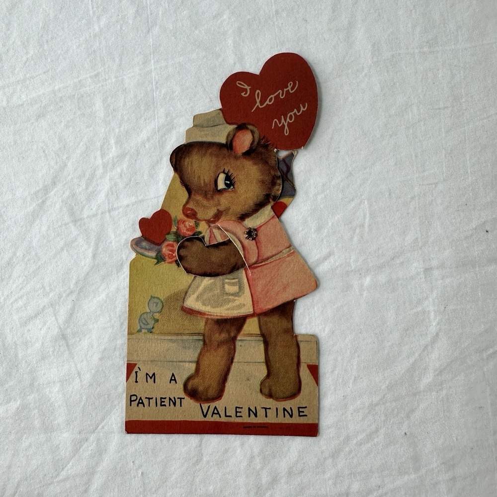 Vintage 1940s Valentine Card Moving Mechanical Arm Animal Bear Nurse WWII Era